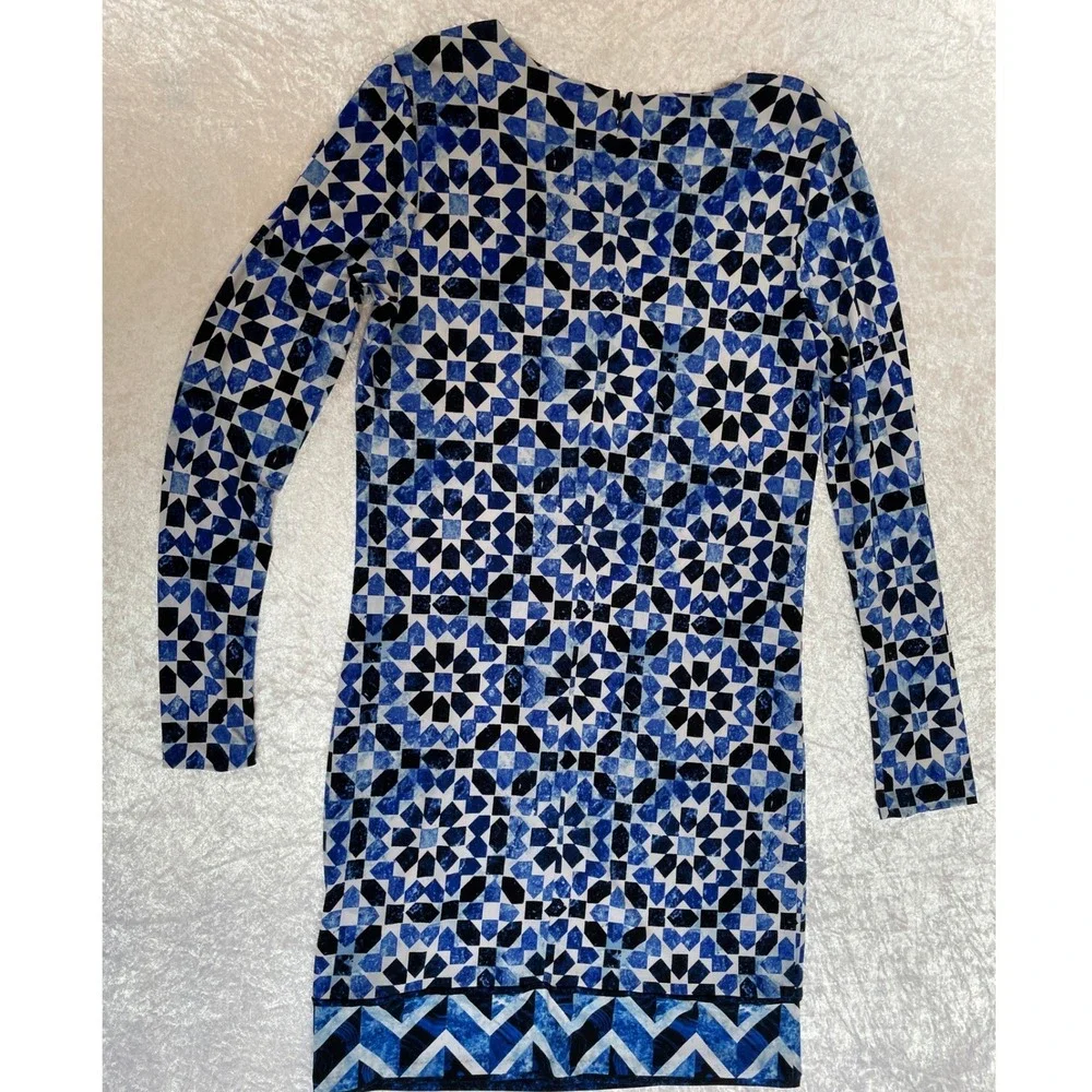 Michael Kors Sheath Dress Small Blue EUC Geometric Tile Print Long Sleeve